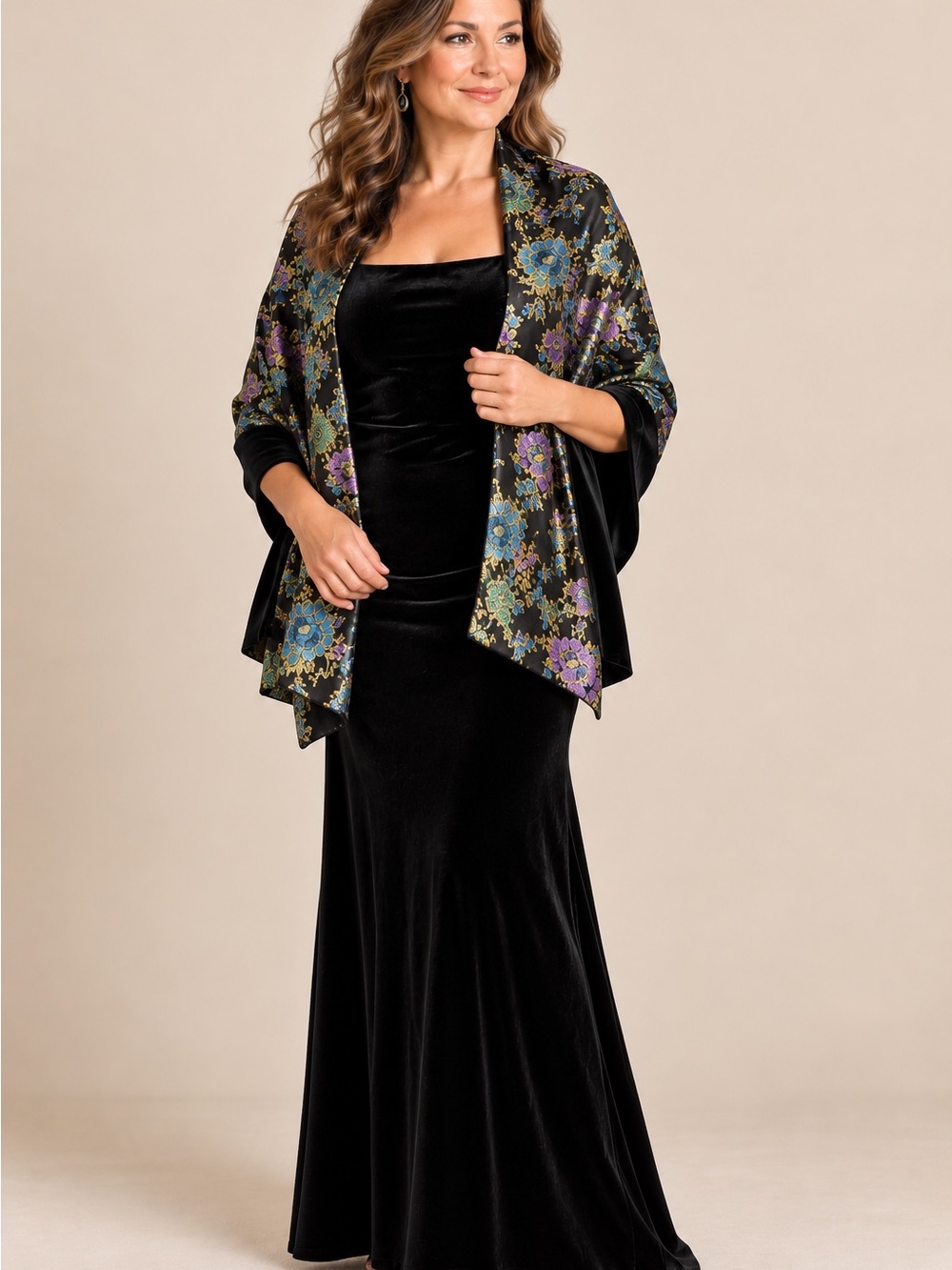 Black Velvet Floral Brocade Reversible Evening Wrap Shawl 20x78